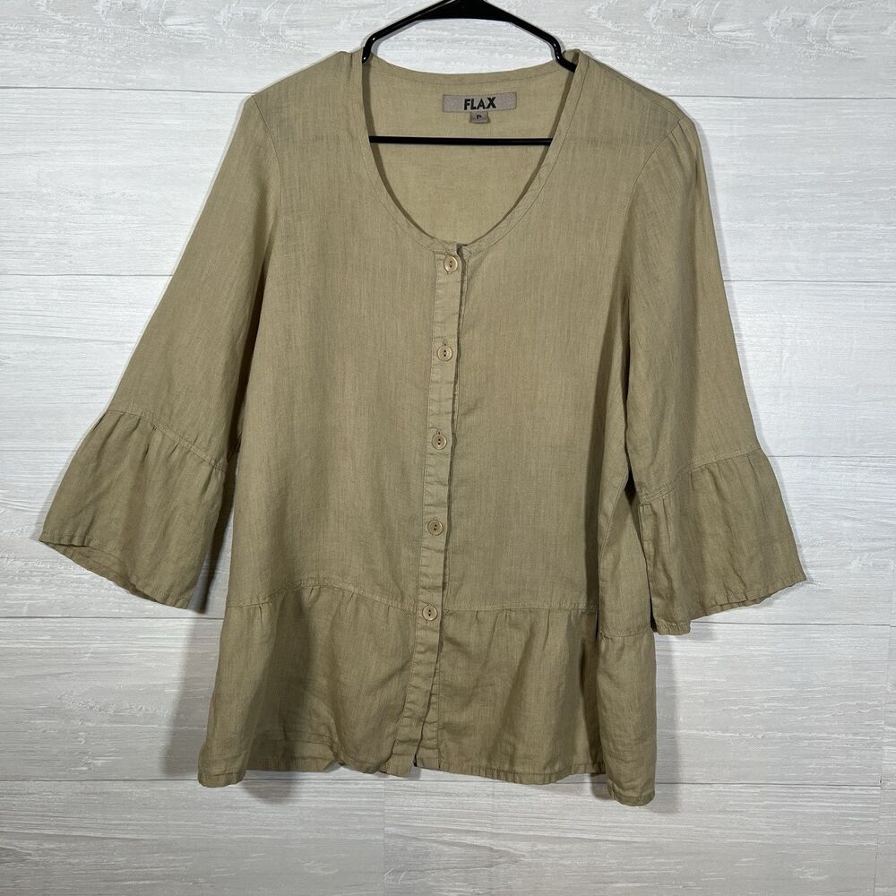 Flax Linen Size L Popover Top Boho Peasant Lagenlook Breathable